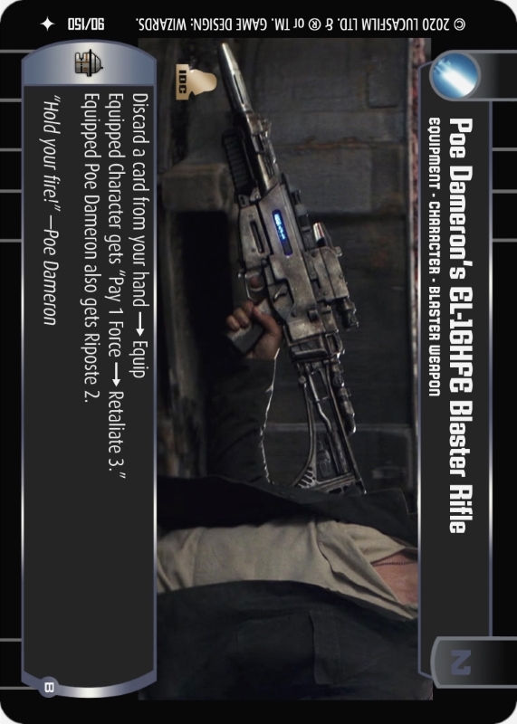 Poe Dameron's EL-16HFE Blaster Rifle (B) : A Equipment type card for Star Wars Trading Card Game (SWTCG)